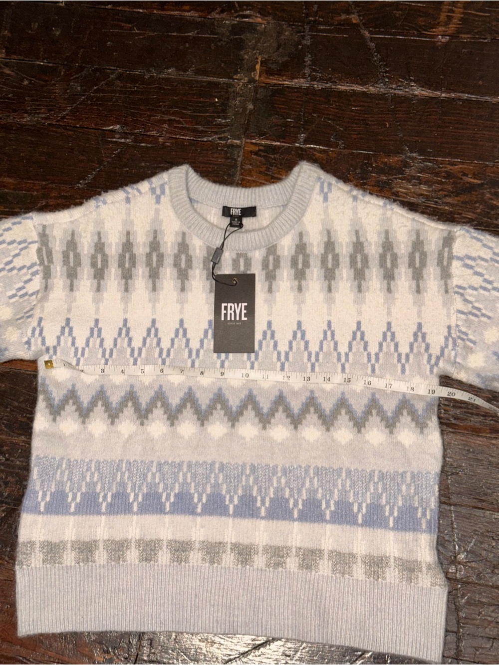 FRYE Fair Isle Nordic Crewneck Sweater Blue Gray White NWT Size S - Picture 7 of 10